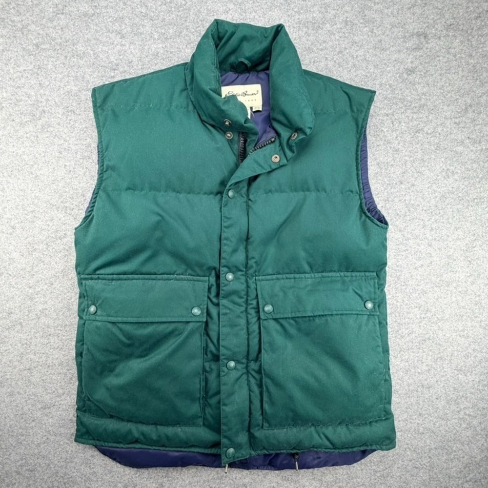 Eddie Bauer Mens Small Green Canvas Down Puffer Vest Full Zip Insulated PC-524
